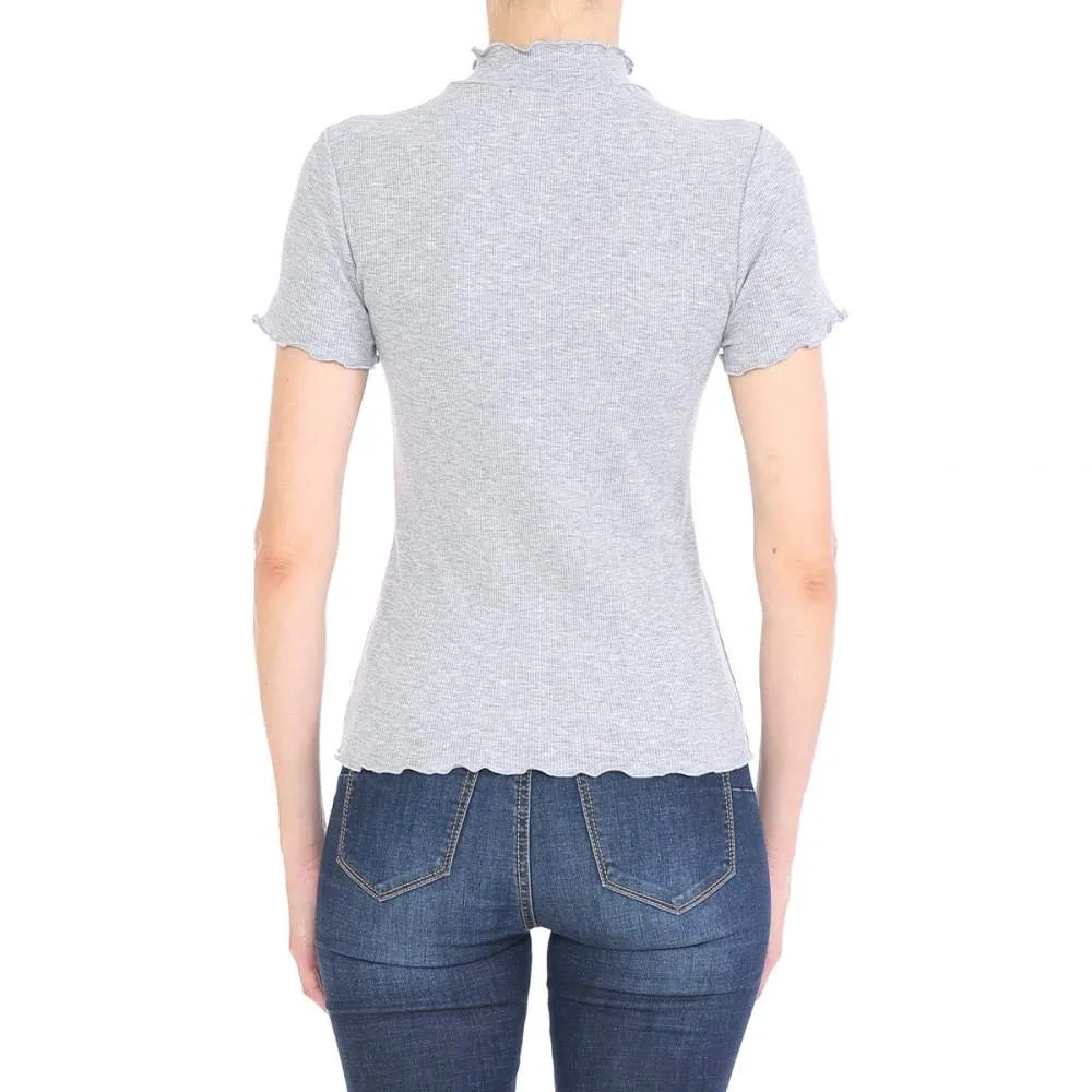 Women's Ribbed Lettuce Mock Neck Short Sleeve Top