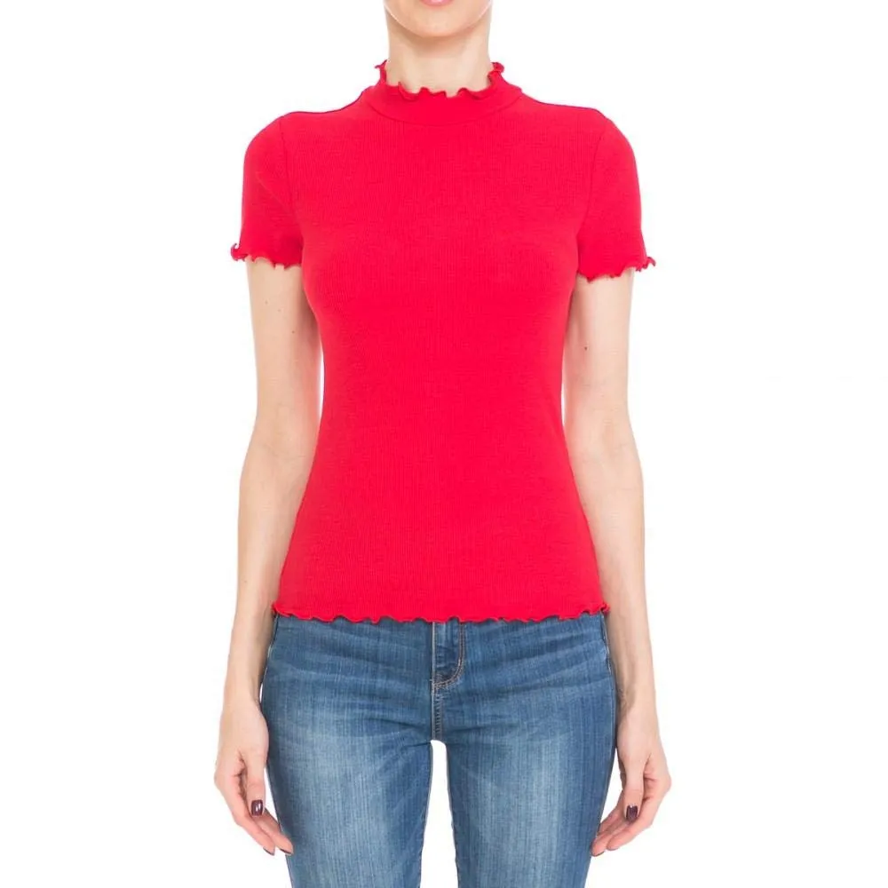 Women's Ribbed Lettuce Mock Neck Short Sleeve Top
