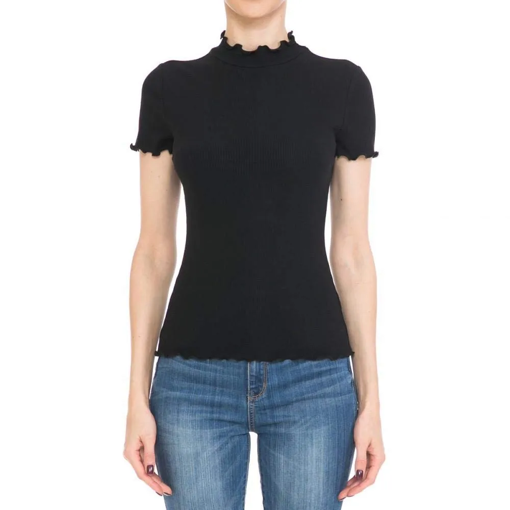 Women's Ribbed Lettuce Mock Neck Short Sleeve Top