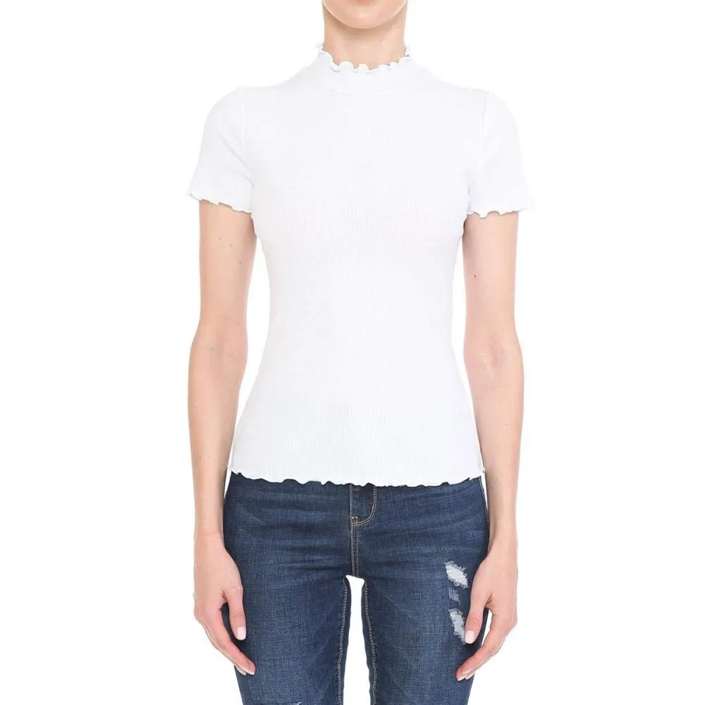Women's Ribbed Lettuce Mock Neck Short Sleeve Top