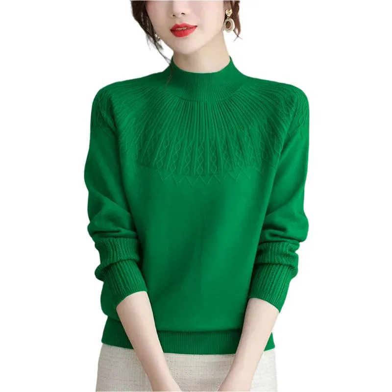 Women's Solid Half-High Collar Cashmere Sweater – Loose Knit Wool Casual Top
