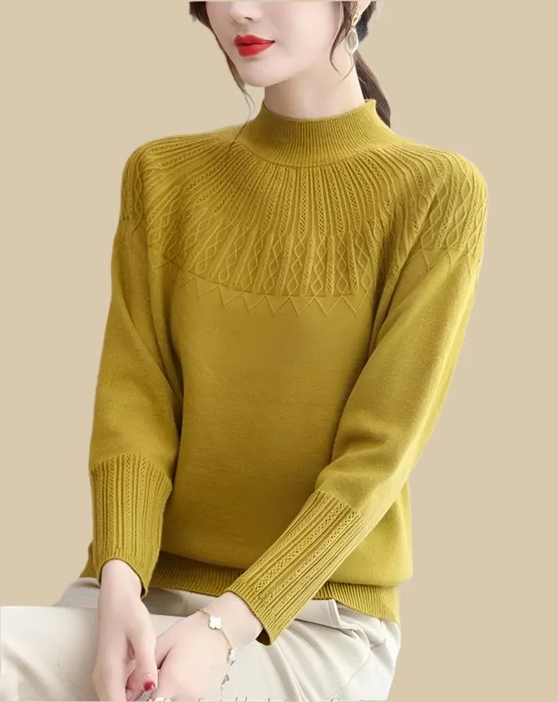 Women's Solid Half-High Collar Cashmere Sweater – Loose Knit Wool Casual Top