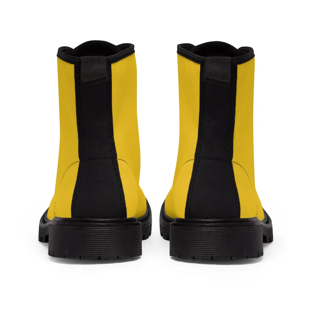 Yellow Women's Canvas Boots, Solid Yellow Color Modern Essential Winter Hiking Boots For Ladies